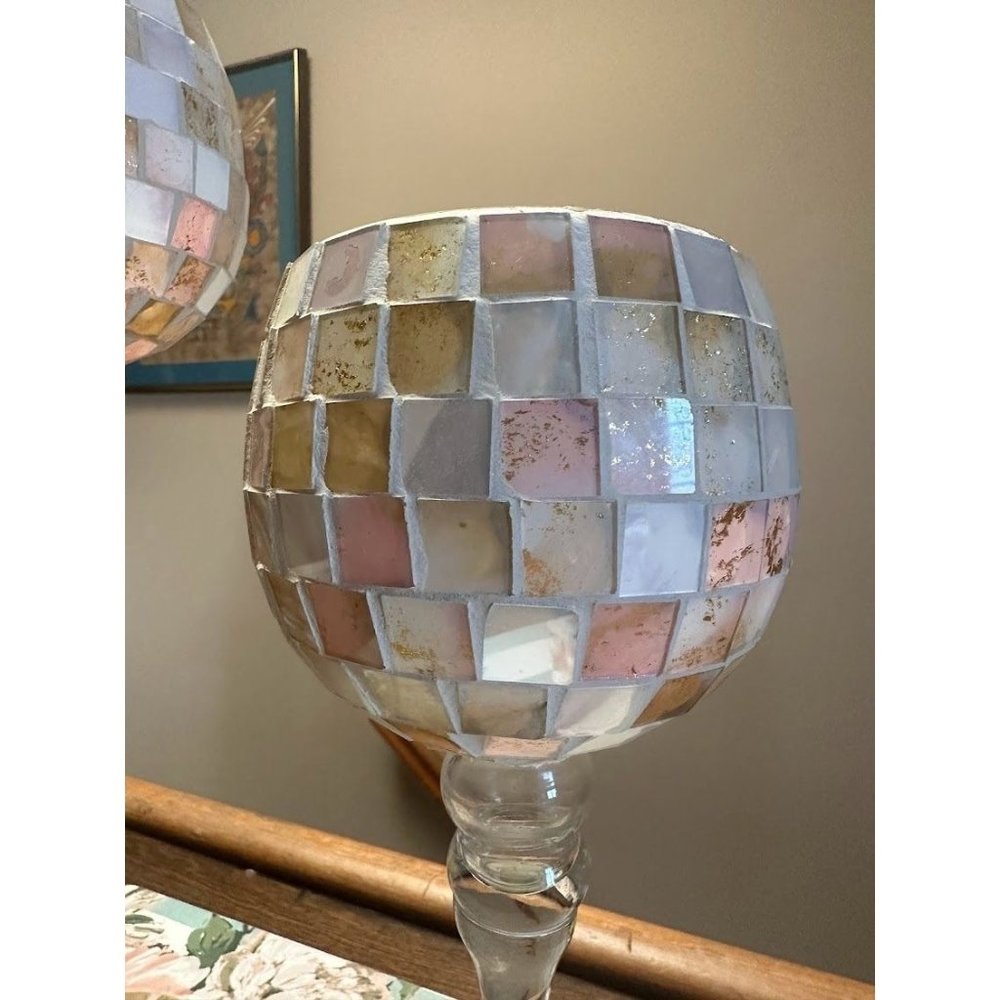 Decorative Long Stemmed Mosaic Mirror Stained Glass Candle Cups Decor (2)